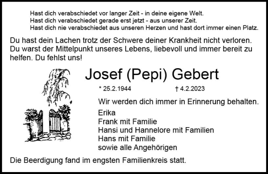 Traueranzeige von Josef Gebert von DieburgerAnzeiger/Groß-Zimmerner Lokalanzeiger