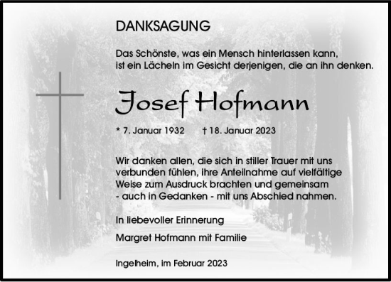 Traueranzeige von Josef Hofmann von Allgemeine Zeitung Bingen/Ingelheim