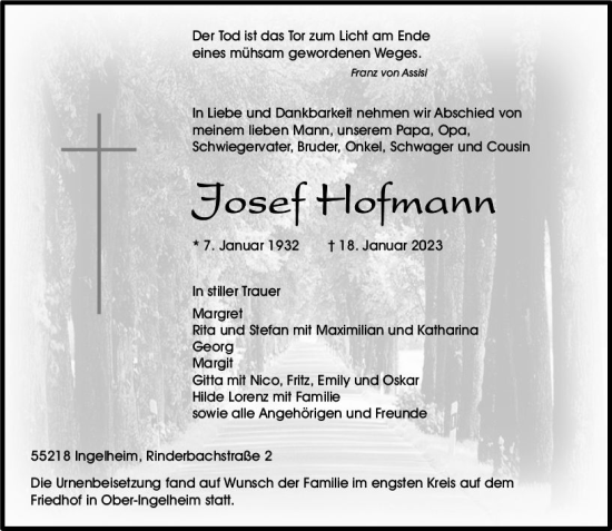 Traueranzeige von Josef Hofmann von Allgemeine Zeitung Ingelheim-Bingen