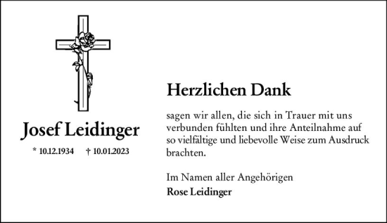 Traueranzeige von Josef Leidinger von Allgemeine Zeitung Mainz