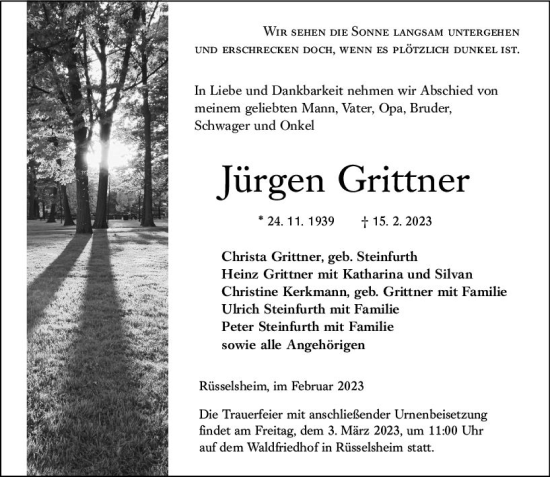 Traueranzeige von Jürgen Grittner von Rüsselsheimer Echo