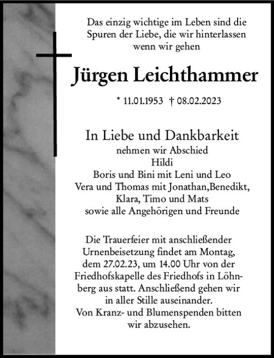 Traueranzeige von Jürgen Leichthammer von Weilburger Tageblatt