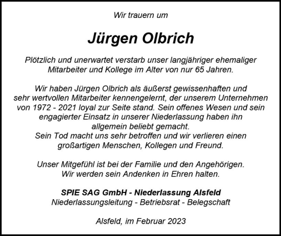 Traueranzeige von Jürgen Olbrich von VRM Trauer