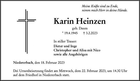 Traueranzeige von Karin Heinzen von Nassauische Neue Presse