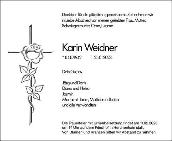 Traueranzeige von Karin Weidner von VRM Trauer