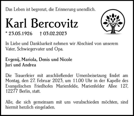 Traueranzeige von Karl Bercovitz von Darmstädter Echo
