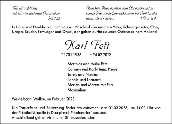 Traueranzeige von Karl Fett von Hinterländer Anzeiger