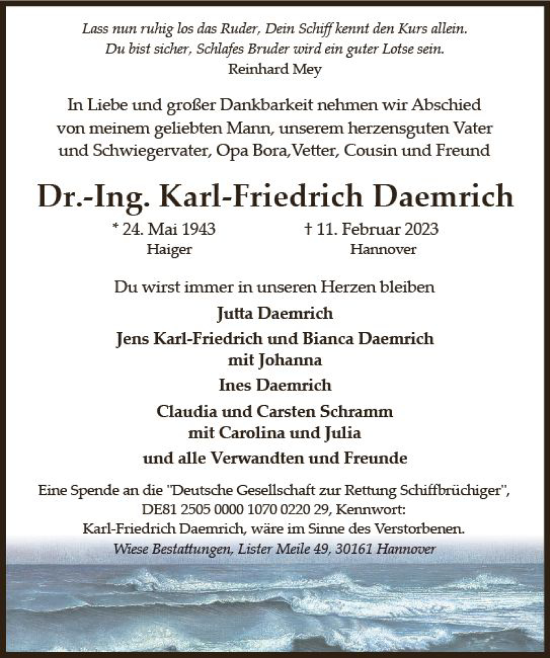 Traueranzeige von Karl-Friedrich Daemrich von Dill Block