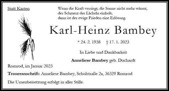 Traueranzeige von Karl-Heinz Bambey von VRM Trauer
