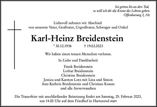 Traueranzeige von Karl-Heinz Breidenstein von Hinterländer Anzeiger