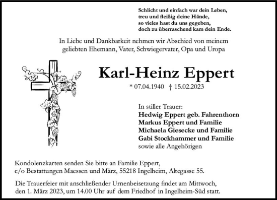 Traueranzeige von Karl-Heinz Eppert von Allgemeine Zeitung Bingen/Ingelheim