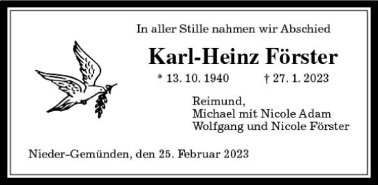 Traueranzeige von Karl-Heinz Förster von VRM Trauer