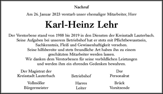 Traueranzeige von Karl-Heinz Lehr von VRM Trauer