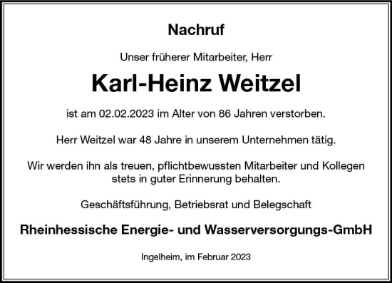 Traueranzeige von Karl-Heinz Weitzel von Allgemeine Zeitung Ingelheim-Bingen