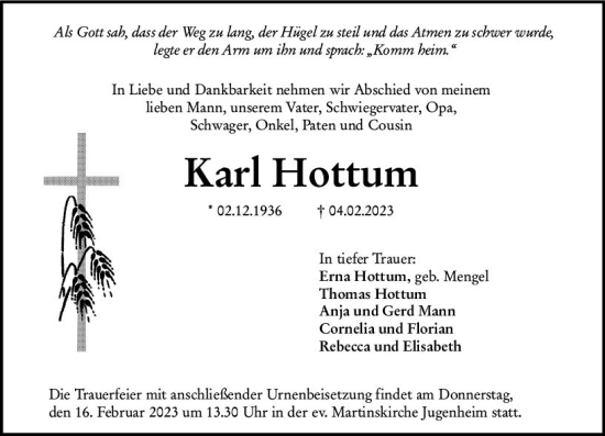 Traueranzeige von Karl Hottum von Allgemeine Zeitung Ingelheim-Bingen