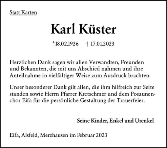 Traueranzeige von Karl Küster von VRM Trauer