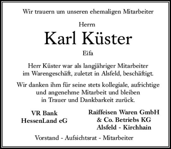 Traueranzeige von Karl Küster von VRM Trauer