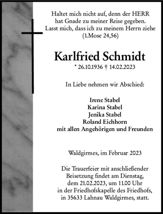 Traueranzeige von Karlfried Schmidt von Wetzlarer Neue Zeitung