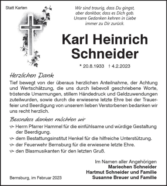 Traueranzeige von Karl Heinrich Schneider von VRM Trauer