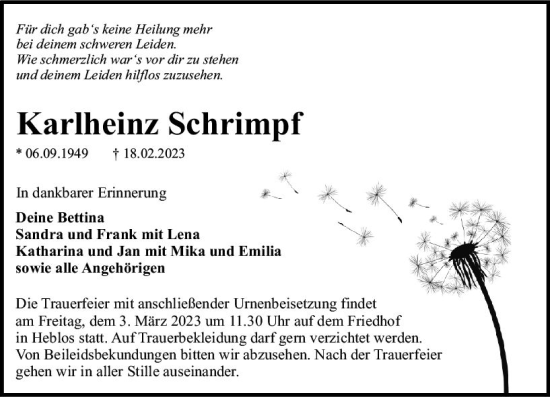 Traueranzeige von Karlheinz Schrimpf von VRM Trauer