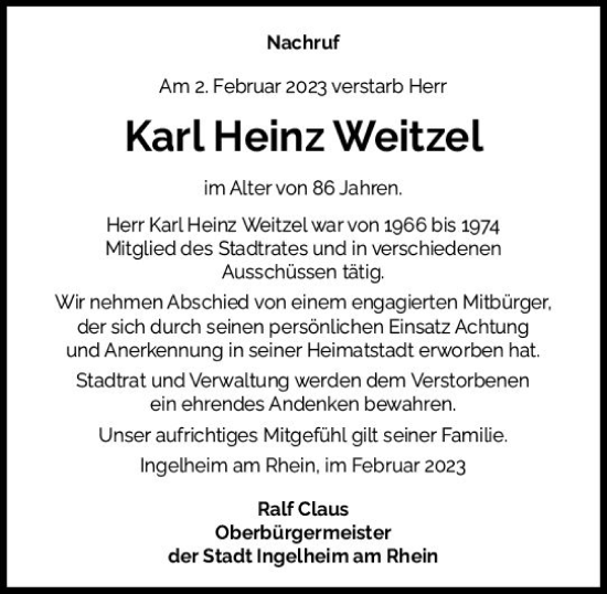 Traueranzeige von Karl Heinz Weitzel von Allgemeine Zeitung Ingelheim-Bingen