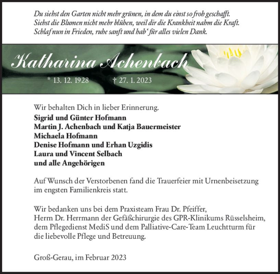 Traueranzeige von Katharina Achenbach von Groß-Gerauer Echo