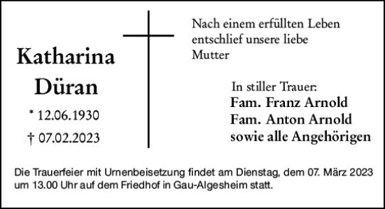 Traueranzeige von Katharina Düran von Allgemeine Zeitung Bingen/Ingelheim