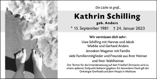 Traueranzeige von Kathrin Schilling von Dill Block