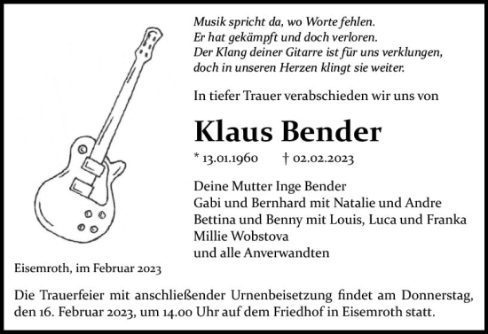 Traueranzeige von Klaus Bender von Dill Block