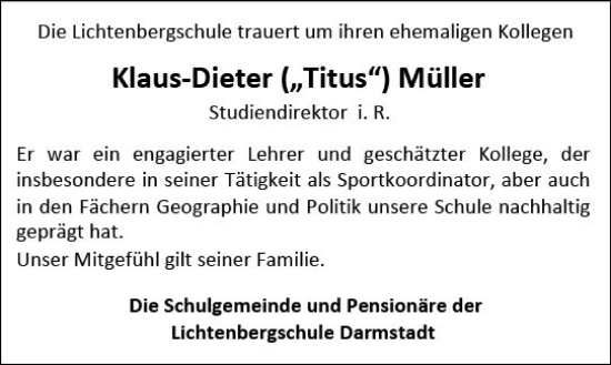 Traueranzeige von Klaus-Dieter Müller von Darmstädter Echo