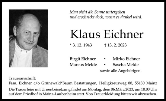 Traueranzeige von Klaus Eichner von Allgemeine Zeitung Mainz