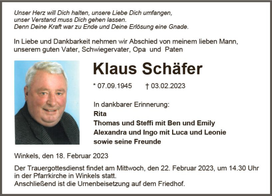 Traueranzeige von Klaus Schäfer von Weilburger Tageblatt