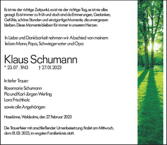 Traueranzeige von Klaus Schumann von Wetzlarer Neue Zeitung