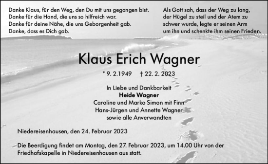 Traueranzeige von Klaus Erich Wagner von Hinterländer Anzeiger