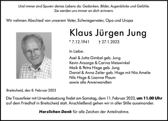 Traueranzeige von Klaus Jürgen Jung von Dill Block