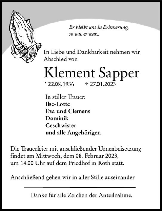 Traueranzeige von Klement Sapper von Dill Block