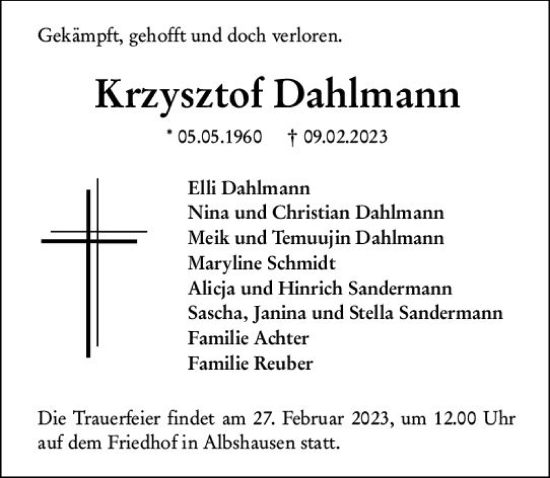 Traueranzeige von Krzysztof Dahlmann von Wetzlarer Neue Zeitung