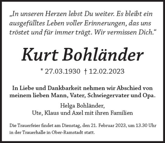 Traueranzeige von Kurt Bohländer von Darmstädter Echo