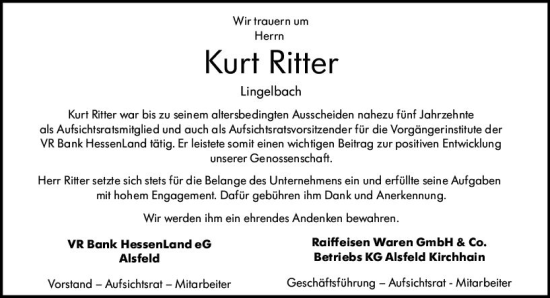 Traueranzeige von Kurt Ritter von VRM Trauer
