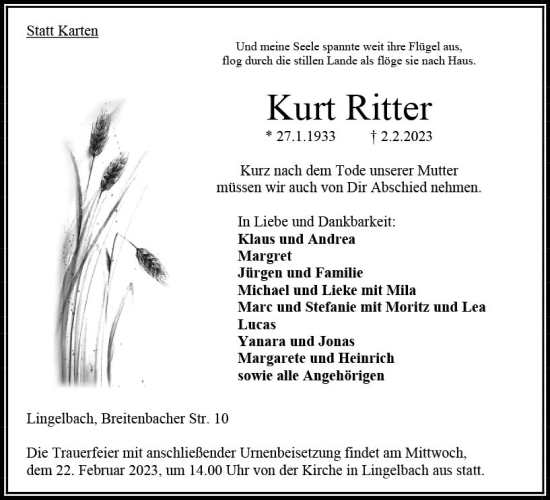 Traueranzeige von Kurt Ritter von VRM Trauer