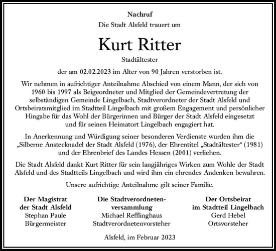 Traueranzeige von Kurt Ritter von VRM Trauer