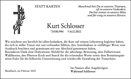 Traueranzeige von Kurt Schlosser von OK Oberhessen Kurier
