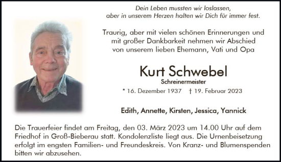 Traueranzeige von Kurt Schwebel von Darmstädter Echo