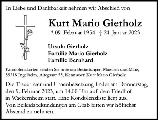 Traueranzeige von Kurt Mario Gierholz von Allgemeine Zeitung Mainz