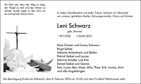 Traueranzeige von Leni Schwarz von Hinterländer Anzeiger