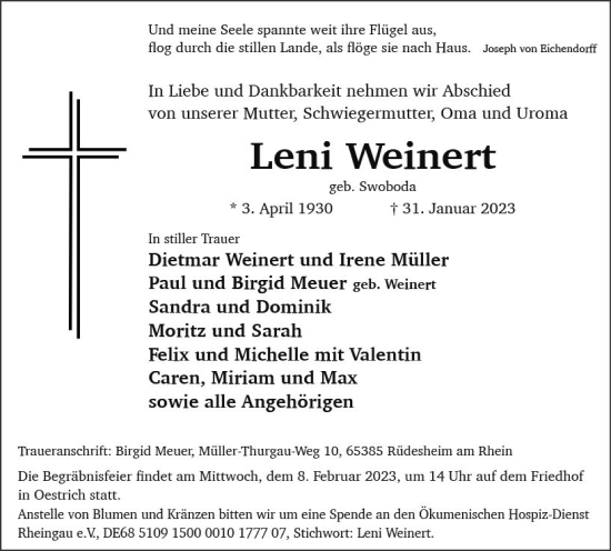 Traueranzeige von Leni Weinert von WK Rheingau