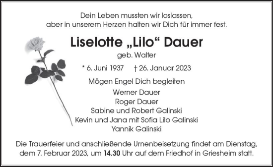 Traueranzeige von Liselotte Dauer von Darmstädter Echo