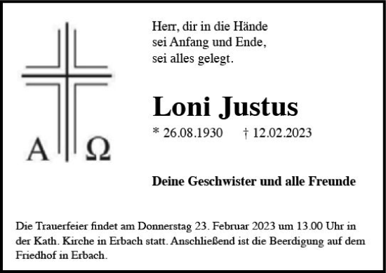 Traueranzeige von Loni Justus von Rheingau Kurier