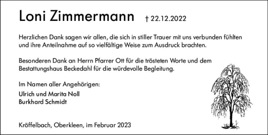 Traueranzeige von Loni Zimmermann von Wetzlarer Neue Zeitung
