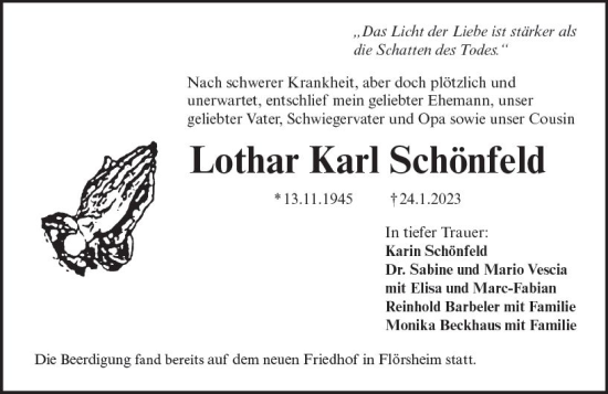 Traueranzeige von Lothar Karl Schönfeld von Wiesbadener Kurier gesamt